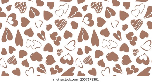 Heart mocha mousse color seamless pattern, love background for Valentines Day. Trendy colour 2025 year. Cute holiday vector illustration