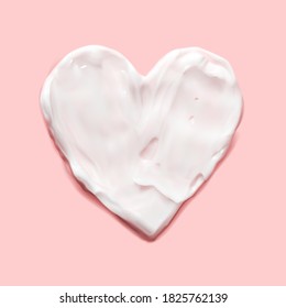 Heart Moisturizer Cream Smear On Pink Background Realistic 3d Illustration, Above. Concept Skin Care. Smudge Lotion For Face Or Body