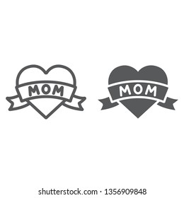 Heart With Mom Inscription Line And Glyph Icon, Love And Mother, Love Mom Tatoo Sign, Vector Graphics, A Linear Pattern On A White Background, Eps 10.