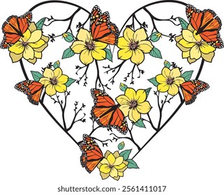 Heart with Monarch butterflies in black and orange