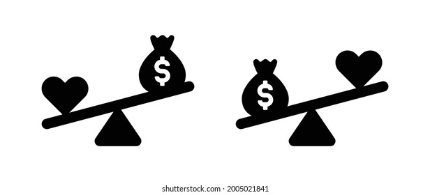 Corazón y dinero en balanzas Icono Ilustración vectorial.