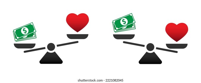 Heart and money on the scales. Choice concept: love or money. Flat vector illustration.