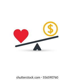 Heart And Money Scales Icon. Money And Heart Balance On Scale. Weights With Love And Money Coin. Vector Isolated Color Sign.