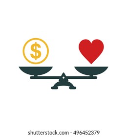 Heart and money scales icon. Money and love balance on scale. Weights with love and money coin. Vector isolated color sign.