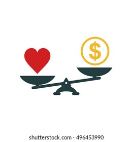 Heart And Money Scales Icon. Money And Love Balance On Scale. Weights With Love And Money Coin. Vector Isolated Color Sign.