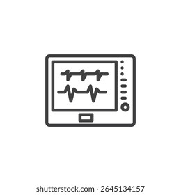 Ícone da linha de tela do monitor cardíaco. Ícone de vetor de contorno representando o monitor de sinais vitais no hospital. Ícone do símbolo do dispositivo médico com forma de onda. Símbolo de traçado limpo para uso de integridade.