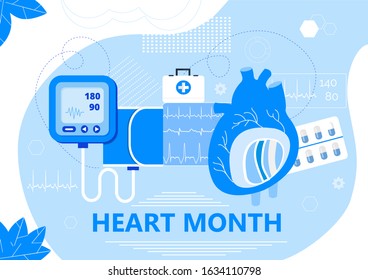 Heart Month concept vector. Horizontal healthcare banner. Heart diseases with medical bag and EKG. Medical template of hypotension and hypertension disease. American protection campaign in February. 