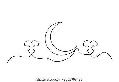 Heart with Moon symbol continuous one line drawing, Sleeping Moon symbol one continuous single line art drawing of Ramadan Kareem and Eid banner in simple outline vector.