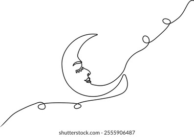 Heart with Moon symbol continuous one line drawing, Sleeping Moon symbol one continuous single line art drawing of Ramadan Kareem and Eid banner in simple outline vector.