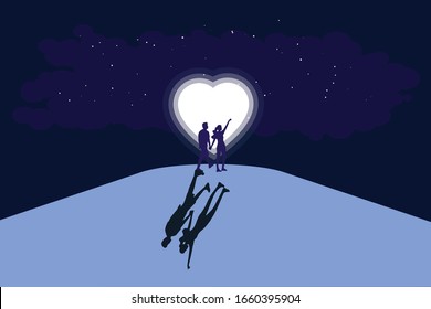 Heart moon and walking up hill couple