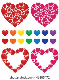 Heart mosaic, heart frame and set of hearts colored with rainbow colors - vector illustrations