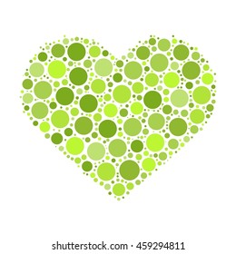 Heart mosaic of green dots in various sizes and shades. Vector illustration on white background.