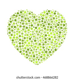 Heart mosaic of green dots in various sizes and shades. Vector illustration on white background.
