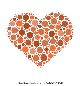 Heart mosaic of orange dots in various sizes and shades. Vector illustration on white background.