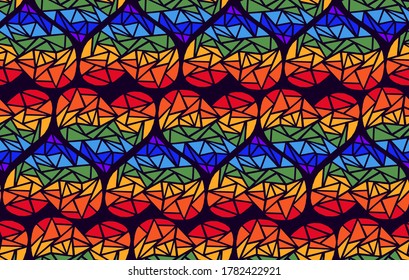 heart mosaic rainbow seamless pattern, broken glass colorful wallpaper, repeated triangles on dark background, vector illustration.