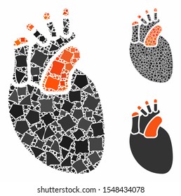 Heart mosaic of uneven elements in different sizes and color tinges, based on heart icon. Vector rough elements are grouped into collage. Heart icons collage with dotted pattern.