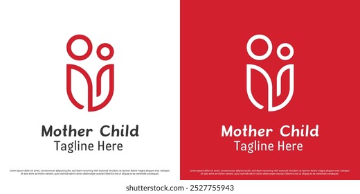 Heart mother child logo design illustration. Abstract silhouette of leaves mother mother child kid family parent embrace maternal affection love dear. Simple minimal line linear gentle soft kind icon.