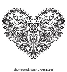 Heart motif of flower ornate vector doodle freehand style. Elegant element for logo design. Greeting cards, Valentines cards. Lace floral for wedding invitations, Vintage decor in shape of heart.