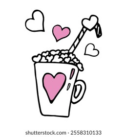 Heart mug with hot drink and marshmallows in the form of small hearts in doodle style, sticker design, for Valentine's day