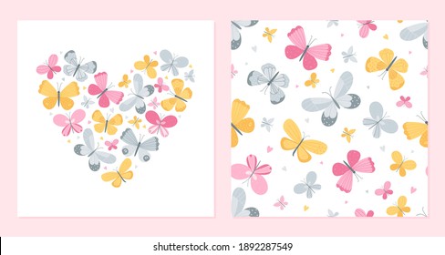 Heart from multicolored butterflies and seamless background. Valentine's day postcard template.