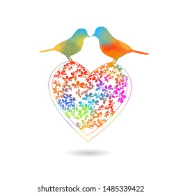 The heart is multicolored of flowers. Birds in love. Happy Valentine's Day. Vector illustration