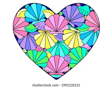 Heart with multi-colored seashells scallops - vector linear illustration. Heart with nautical scallop shells - nautical illustration