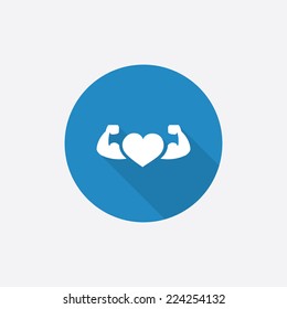 heart with muscle arms Flat Blue Simple Icon with long shadow, isolated on white background  
