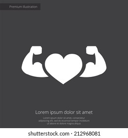 Heart With Muscle Arms Premium Illustration Icon, Isolated, White On Dark Background, With Text Elements 