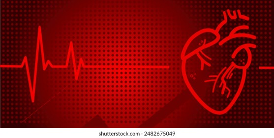 Heart, heart muscle with ekg line, cardiac health - red vector background, banner with free copy space