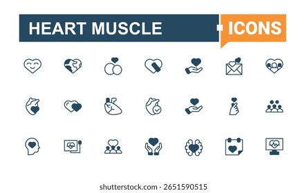 Heart Muscle conjunto de ícone moderno. Inclui símbolos de linha fina cuidado, amor, cardio. Conjunto de ícones de coração. Coleção de ícones minimalistas. Pixel perfeito. Coleções de vetores.