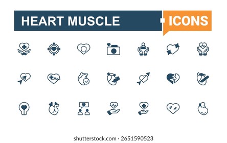 Heart Muscle conjunto de ícone moderno. Inclui símbolos de linha fina cuidado, amor, cardio. Conjunto de ícones de coração. Coleção de ícones minimalistas. Pixel perfeito. Coleções de vetores.