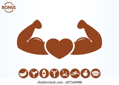 Heart and muscles on hands icon vector illustration.