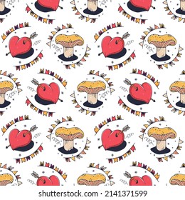 Heart and Mushroom. Seamless pattern on a white background. Cute vector illustration.