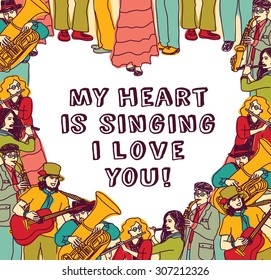 Heart music love card and sign color. Big group musicians and hearts with love sign. Ink hand drawn color vector illustration. EPS8.