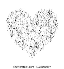 Heart of Music Note Signs and Symbols. Jazz Concert Cover Pattern Design. Symphony Motif Texture. Fashion, Fabric Print Design Pattern.