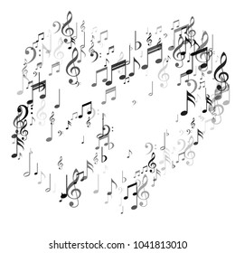 Heart of Music Note Signs and Symbols. Classic Concert Poster Pattern Design. Symphony Motif Texture. Cover Print Design Pattern.