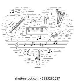Heart of musical instruments black and white. Vector illustration EPS10