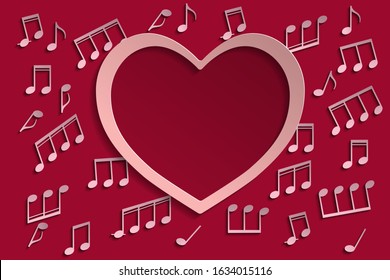 Heart and musical notes on a red background. Melody of love. Romantic music card for Valentine's day. Vector illustration in paper cut style.