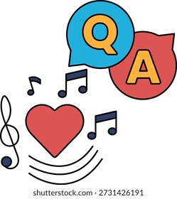 Um coração com notas musicais em torno dele e as letras Q e A acima dele. O coração e as notas representam amor e música, enquanto as letras Q e A representam perguntas e respostas