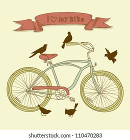 I heart my bike! A hand drawn bicycle and birds