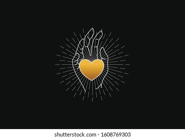 Heart in my hand, Heart or love symbol with hand Vector illustration in magic vintage style. Spiritual guidance of tarot reader design. decorative illustration