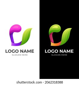 heart nature logo template, love and leaf, combination logo with 3d colorful style