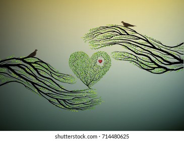 heart of nature, treelike hand hold green heart, protect the tree idea, vector