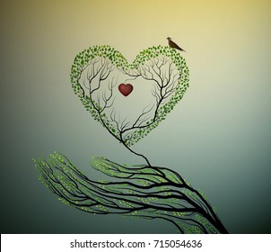 heart of nature, treelike hand hold green heart, protect forest concept, vector
