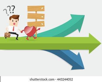 heart navigation businessman running at confused crossroad