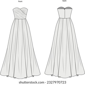 heart neck strapless evening dress vector illustration, women's maxi dress technical template