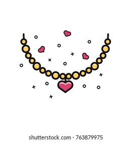 Heart necklace flat color line icon. Women jewelry sign. Gold and silwer ware vector symbol. Love and Valentine's Day vector illustration.