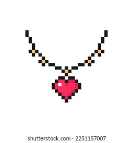 Heart necklace icon in pixel art style. Love symbol for Valentine's Day. Isolated on white background vector sign