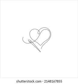 Heart and needle, sewing, greeting card, continuous line drawing, small tattoo, print for clothes and logo design, heart isolated abstract vector illustration.