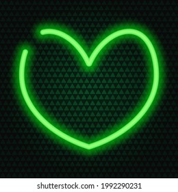Corazón. Neon resplandece. Ilustración vectorial coloreada. Fondo aislado de triángulos verdes. Día de San Valentín. El símbolo de los amantes de un tubo luminoso. Signo de quema. 